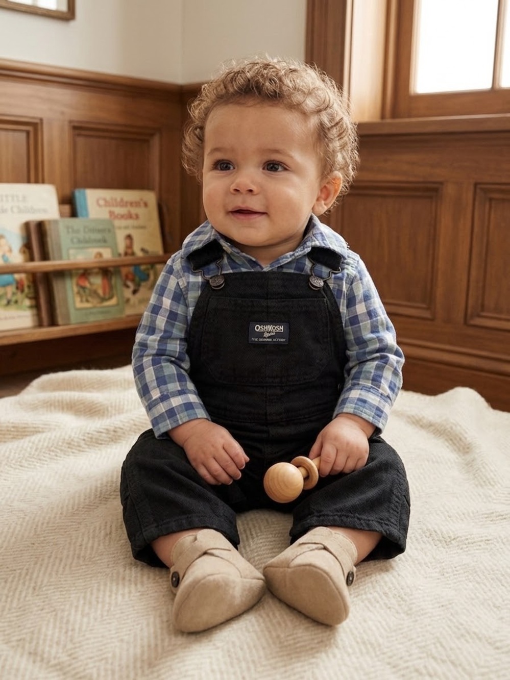 OshKosh B'gosh Baby Boys Black Overalls Blue Plaid Shirt Set 3M - Picture 2 of 6